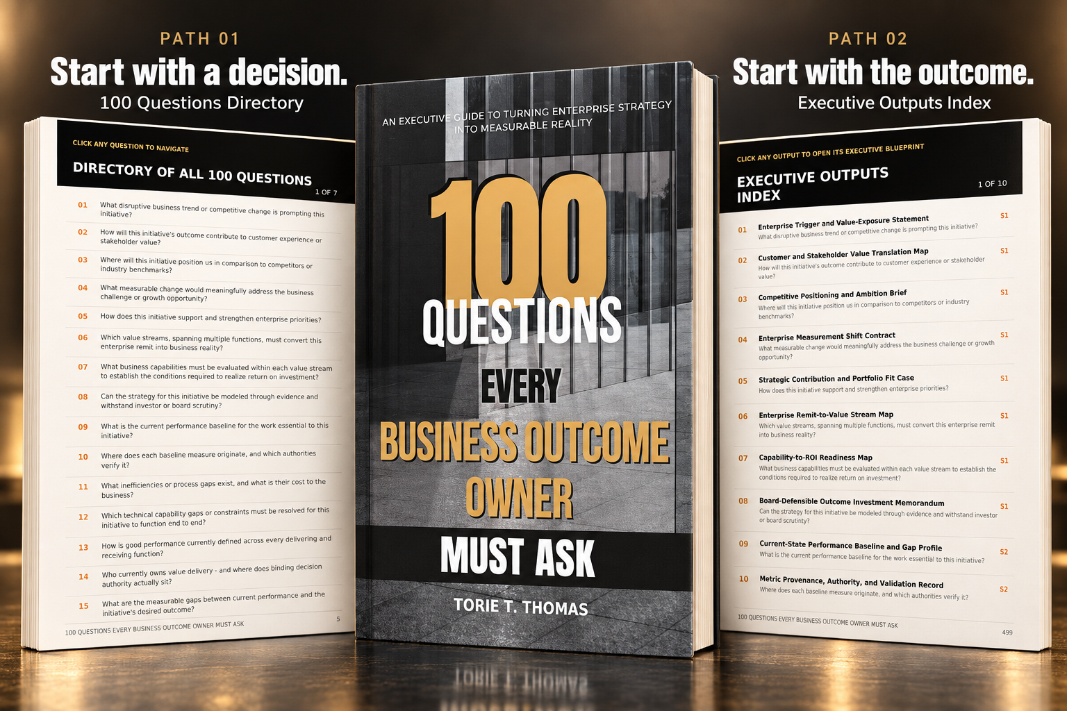 Torie T. Thomas’s guidebook cover with its questions directory and executive outputs index.