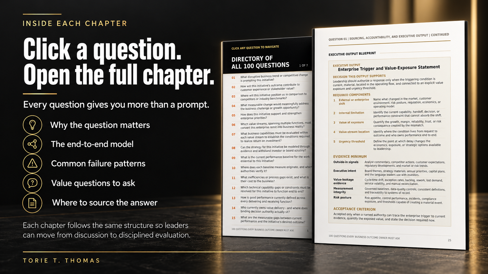 Inside each chapter: guidebook directory and example executive output blueprint, illustrating chapter structure and navigation in the downloaded guidebook.
