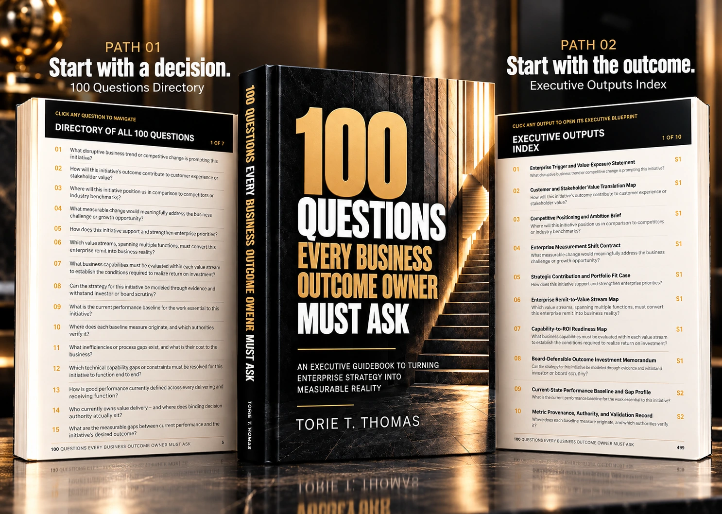 Torie T. Thomas’s guidebook cover with its questions directory and executive outputs index.