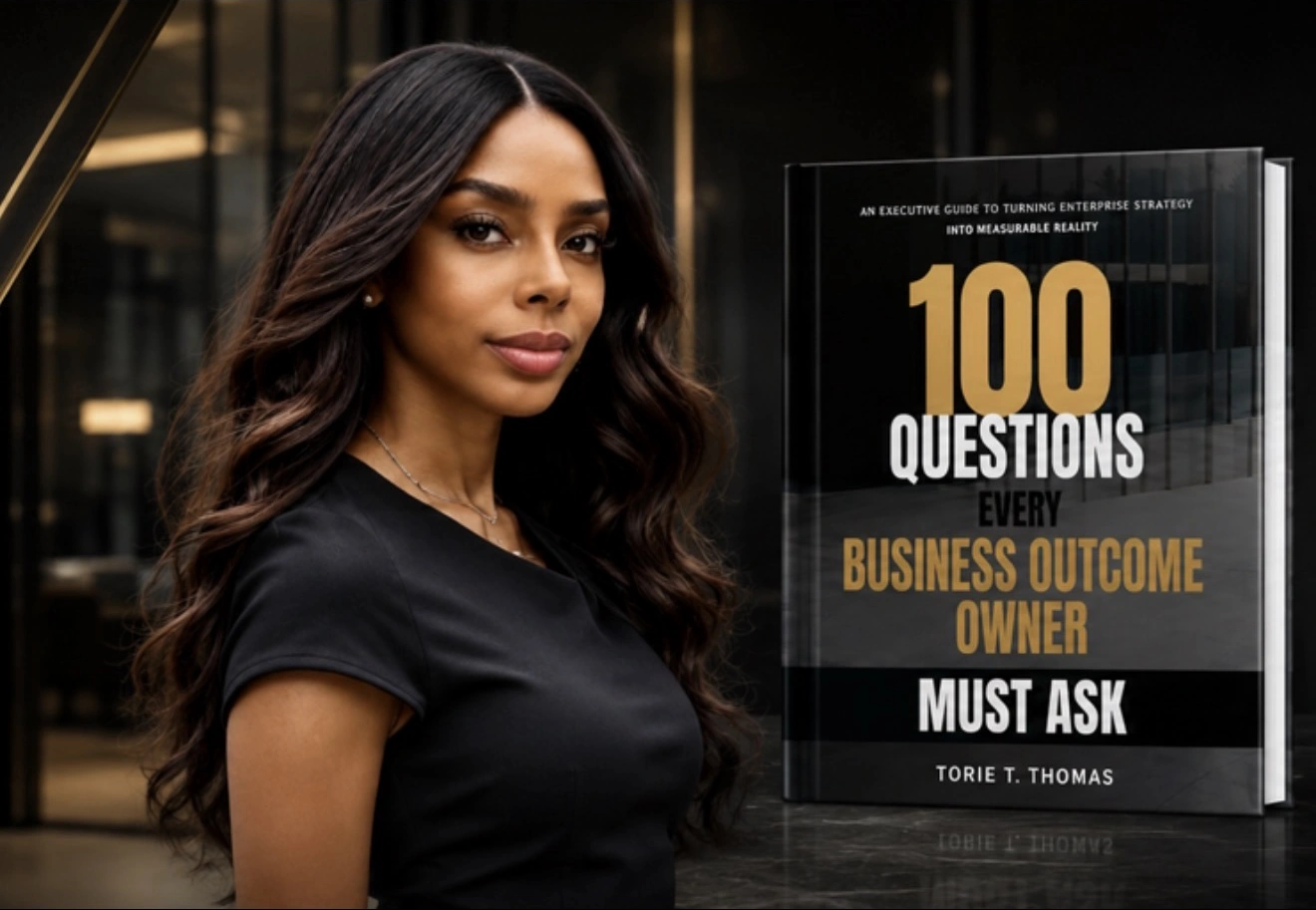 Torie Thomas, founder of S.C.A.L.E., pictured beside her guidebook, 100 Questions Every Business Outcome Owner Must Ask.