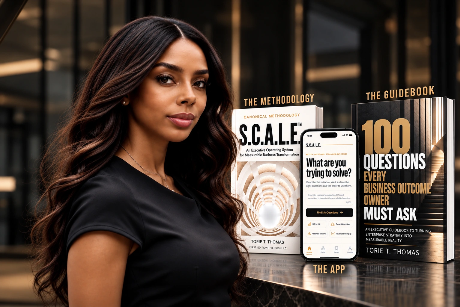 Torie Thomas pictured beside S.C.A.L.E. methodology and guidebook displays and an app concept.